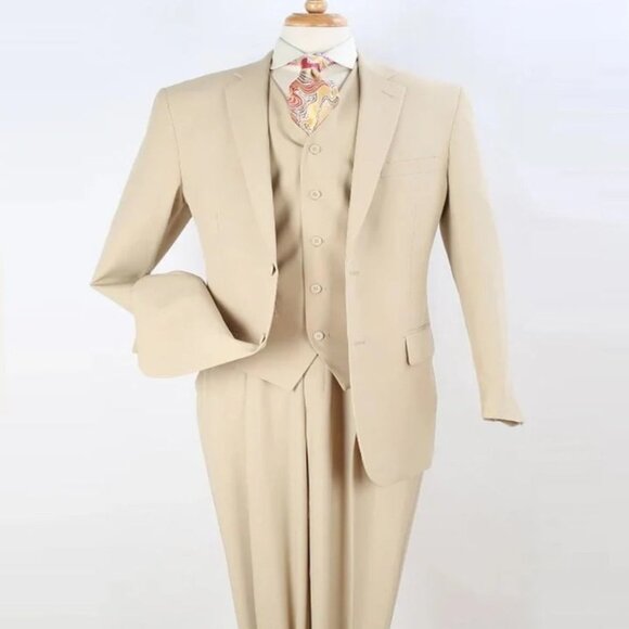 Pleated Suit - Mens Suits With Pleated Pant - Regular Fit Suit - Vested Tan Suit - Picture 1 of 2
